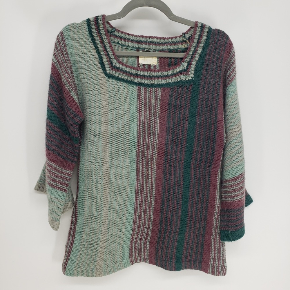 Vintage 70s Striped Square Neck Knit Sweater Women Size Small Green Boho Hippie
